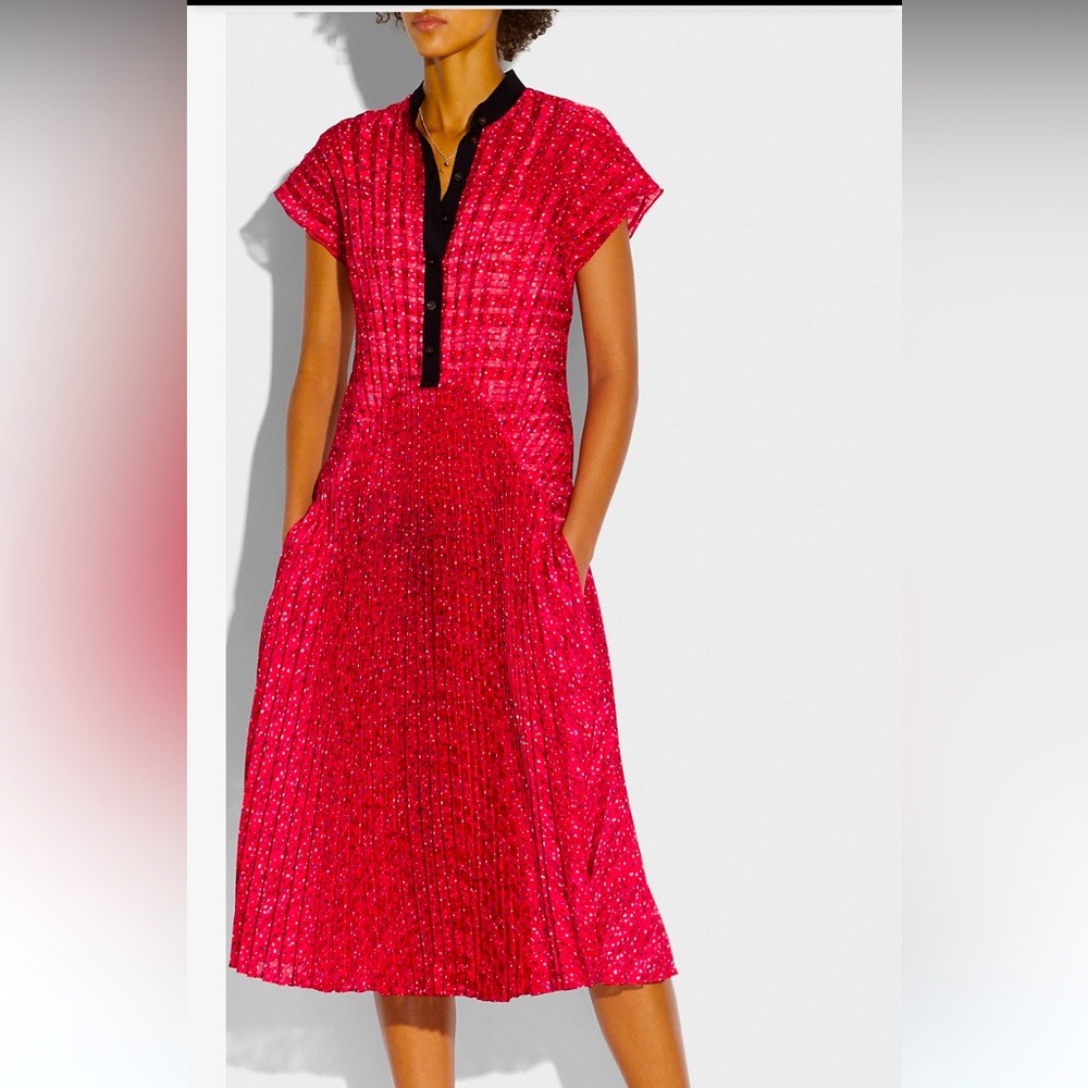 NWT Coach Sleeveless Pleated Polka Dot Midi Dress Red and Black Size 6